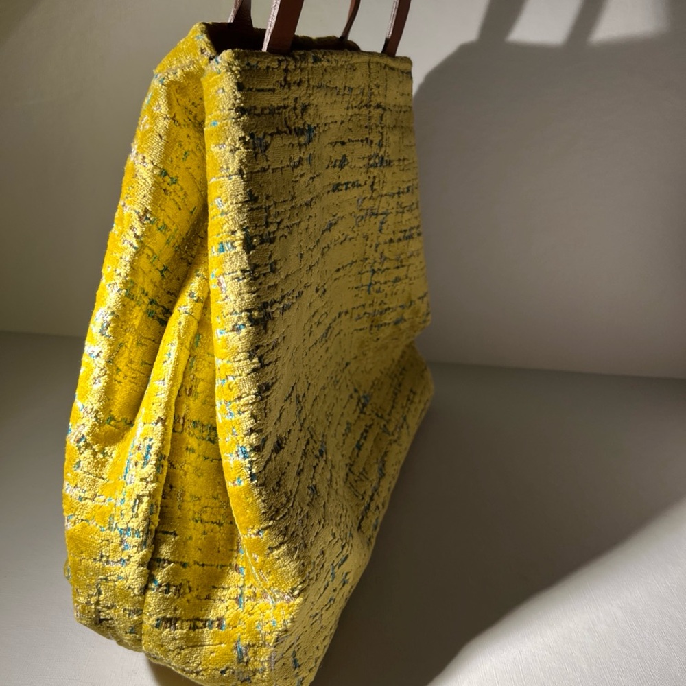 Atenti Gigi Aixa Yellow Cut Velvet Tote Bag Leather Handles Handmade - Picture 4 of 16